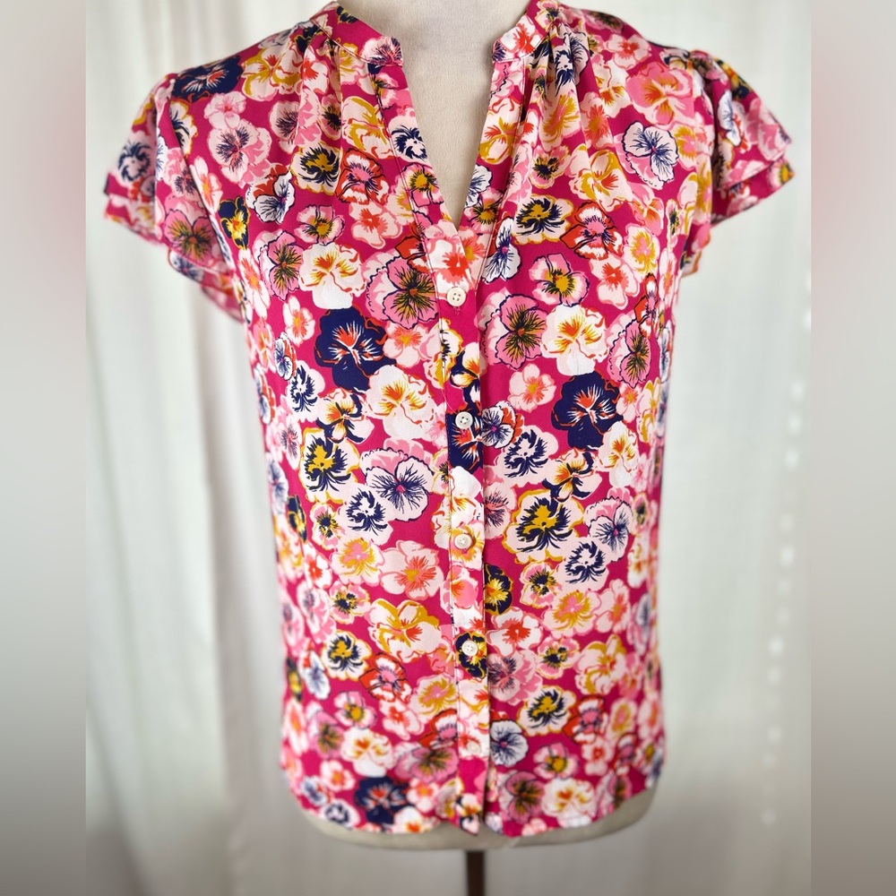 J.Crew Women's Pansy Floral Pink Flutter Sleeved Casual Button Down Blouse Sz S
